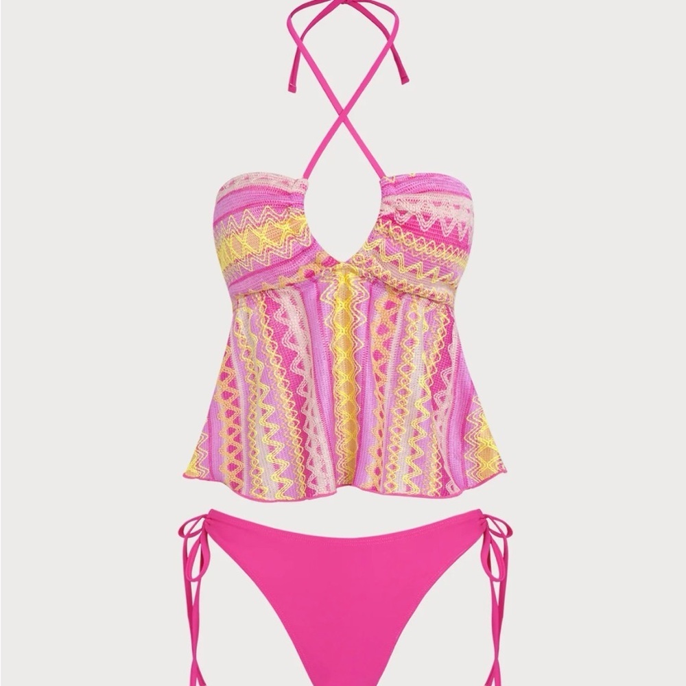 Pink and Yellow Halter Bikini Set